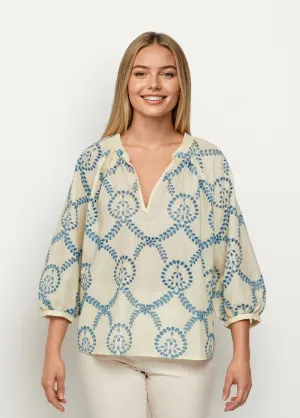 Loose blouse with openwork embroidery and 3/4 sleeves