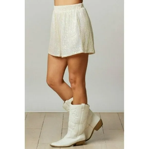 Making a Statement Sequin Sparkle Shorts in Pearl
