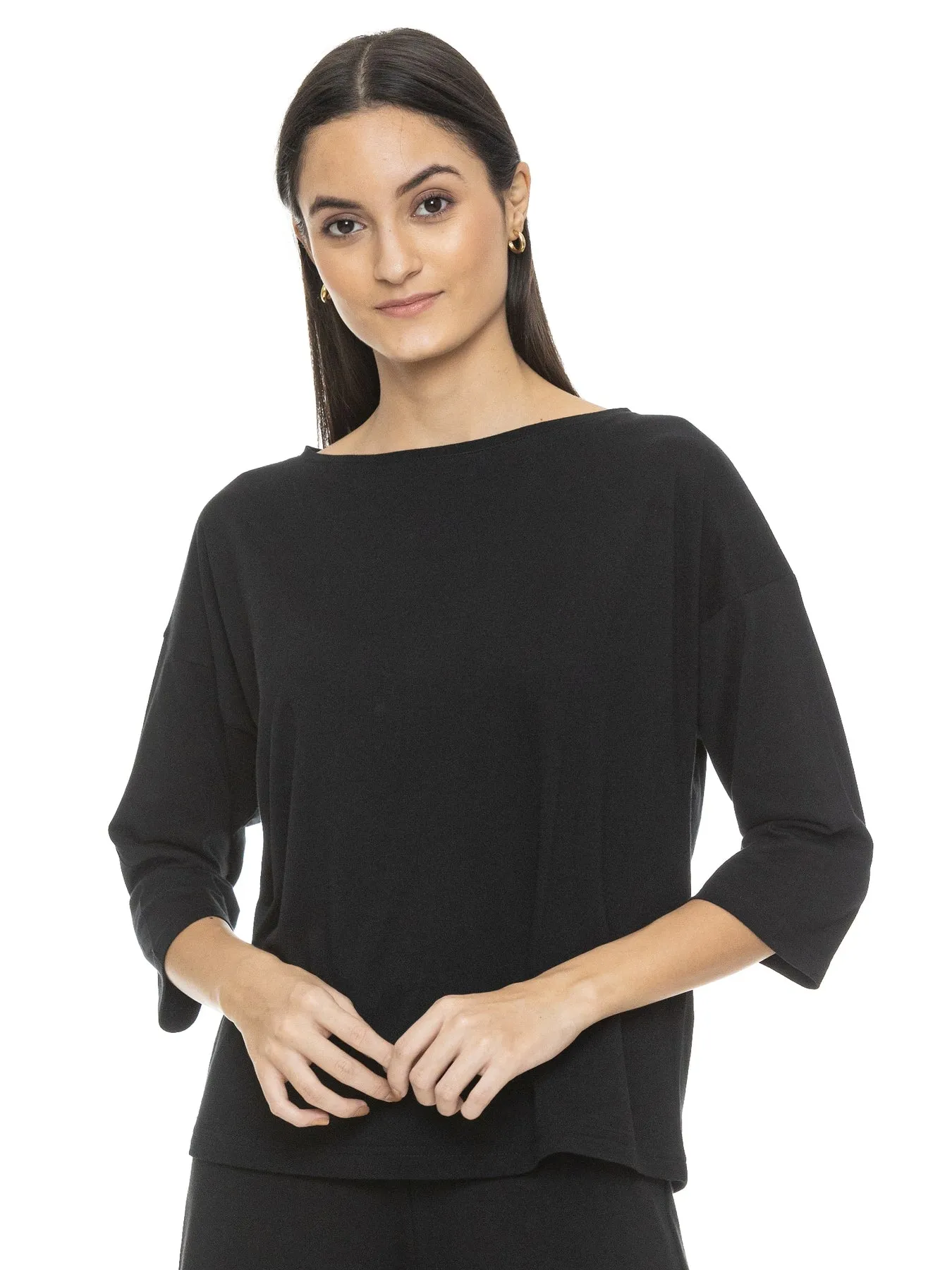 MATHILDE 3/4 SLEEVE TOP (BLACK) WITH Lunya Pima Shorts (Black)