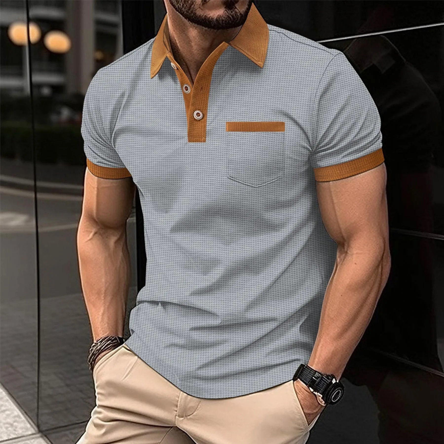 Men's Casual Color Block Buttoned Short Sleeve Polo Shirt