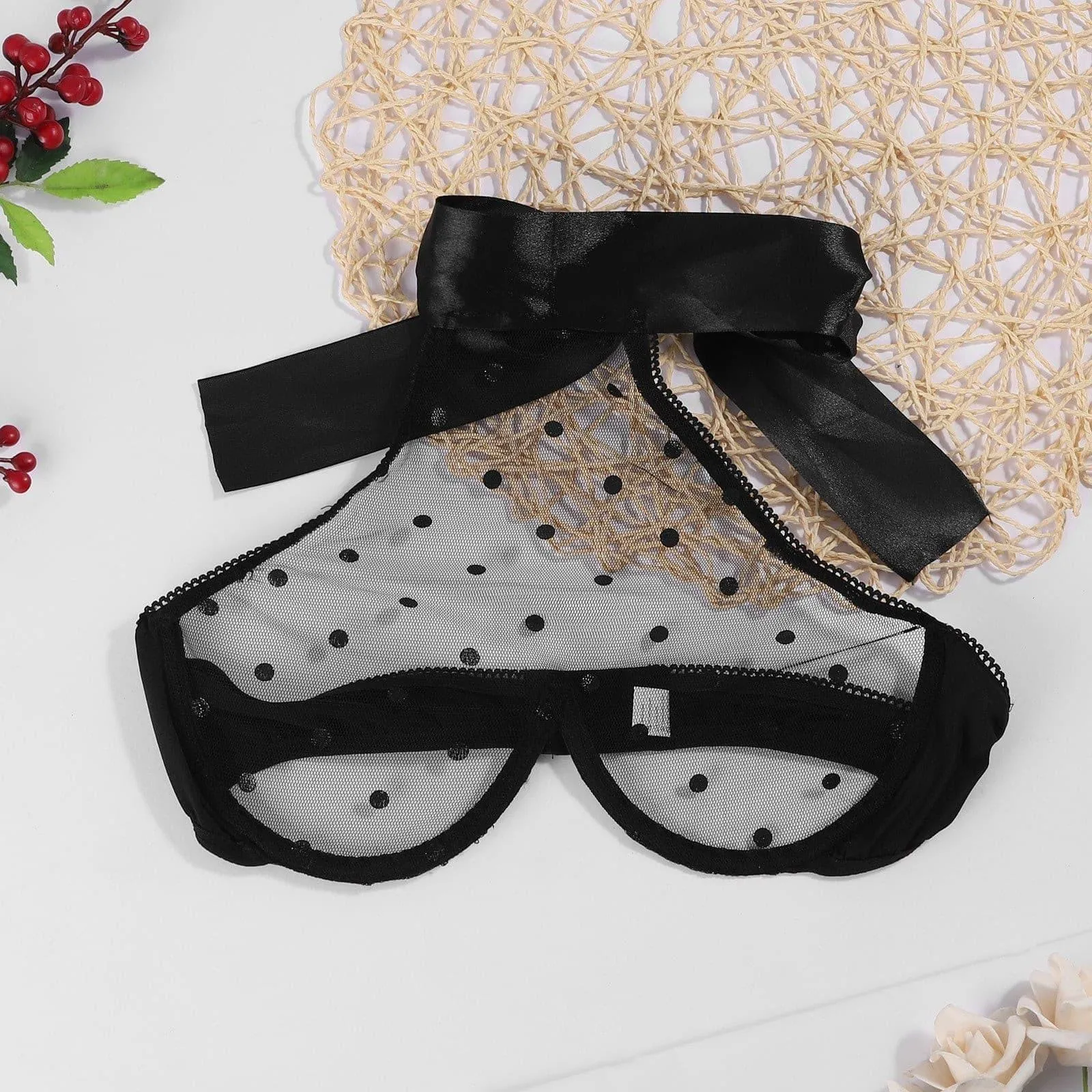 Mesh buckle neck wrap chest   hollow panties set