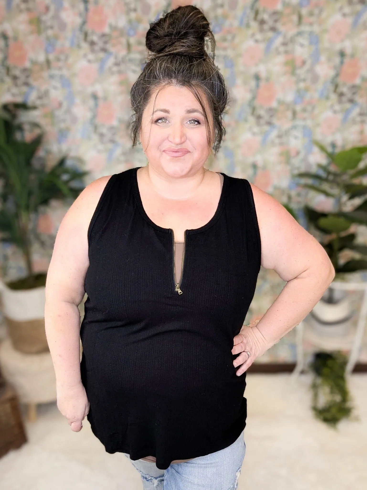 Mila Zipper Front Pointelle Tank in Black