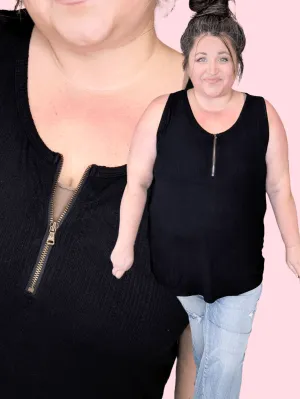 Mila Zipper Front Pointelle Tank in Black