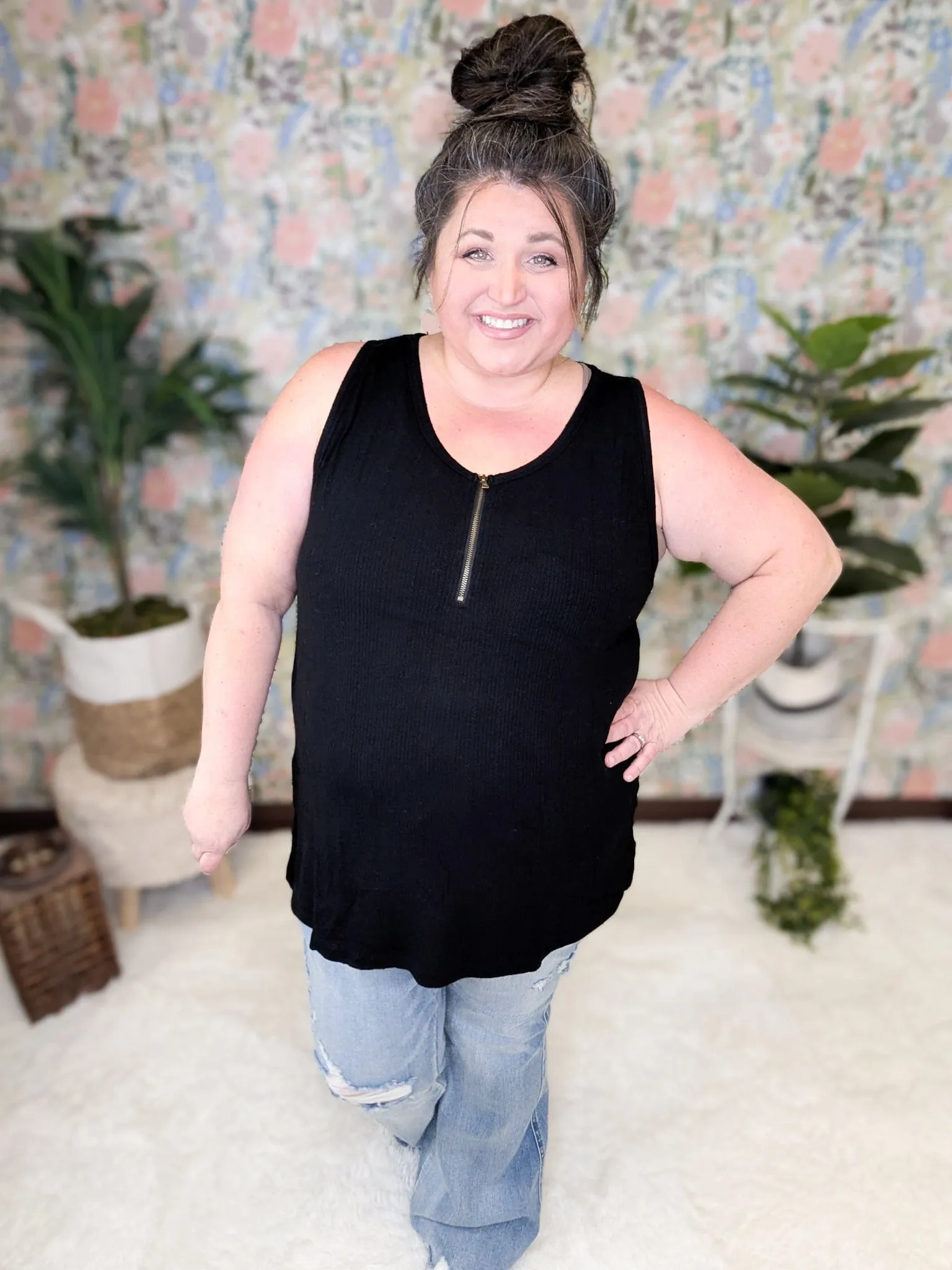 Mila Zipper Front Pointelle Tank in Black
