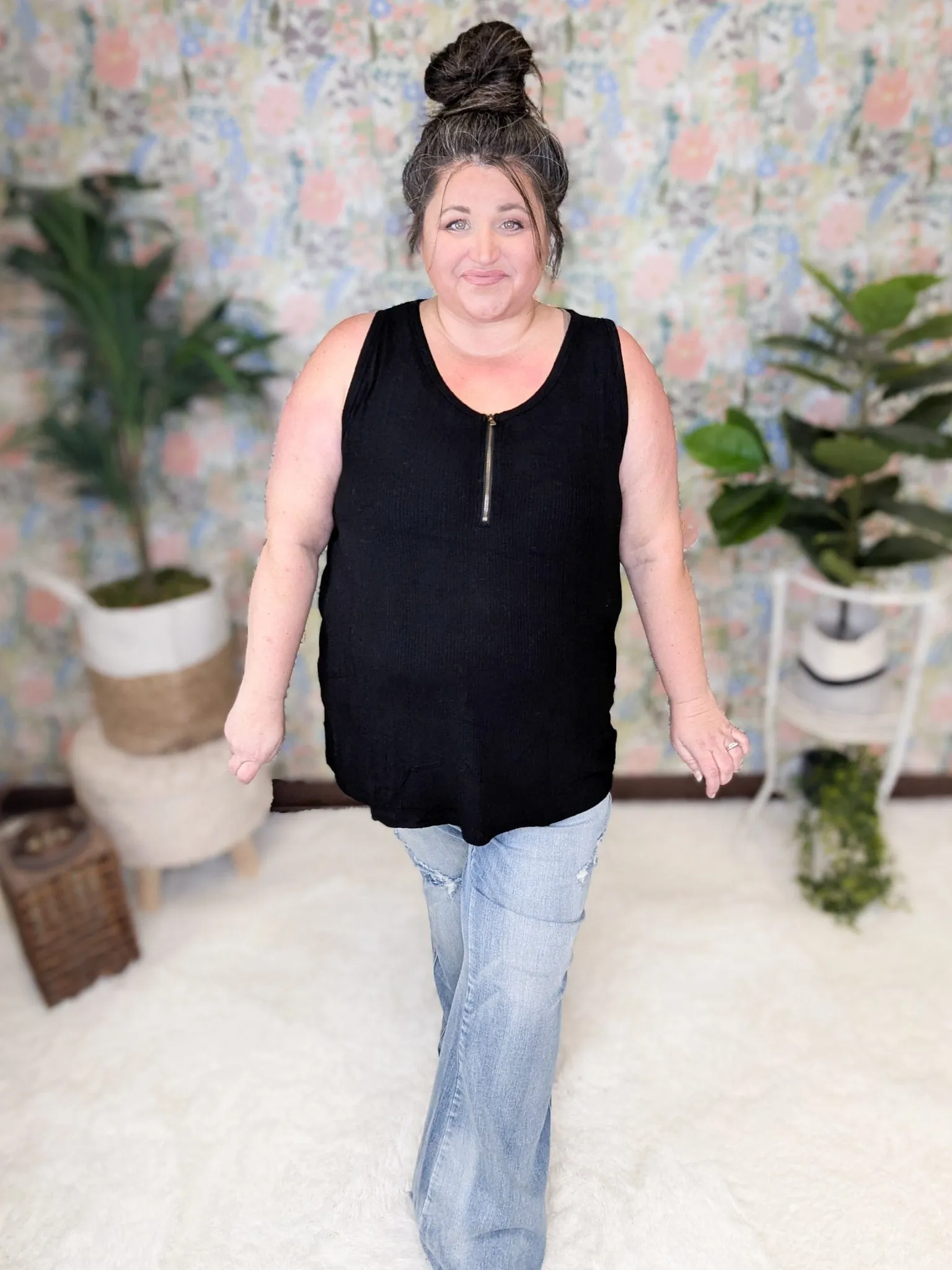 Mila Zipper Front Pointelle Tank in Black