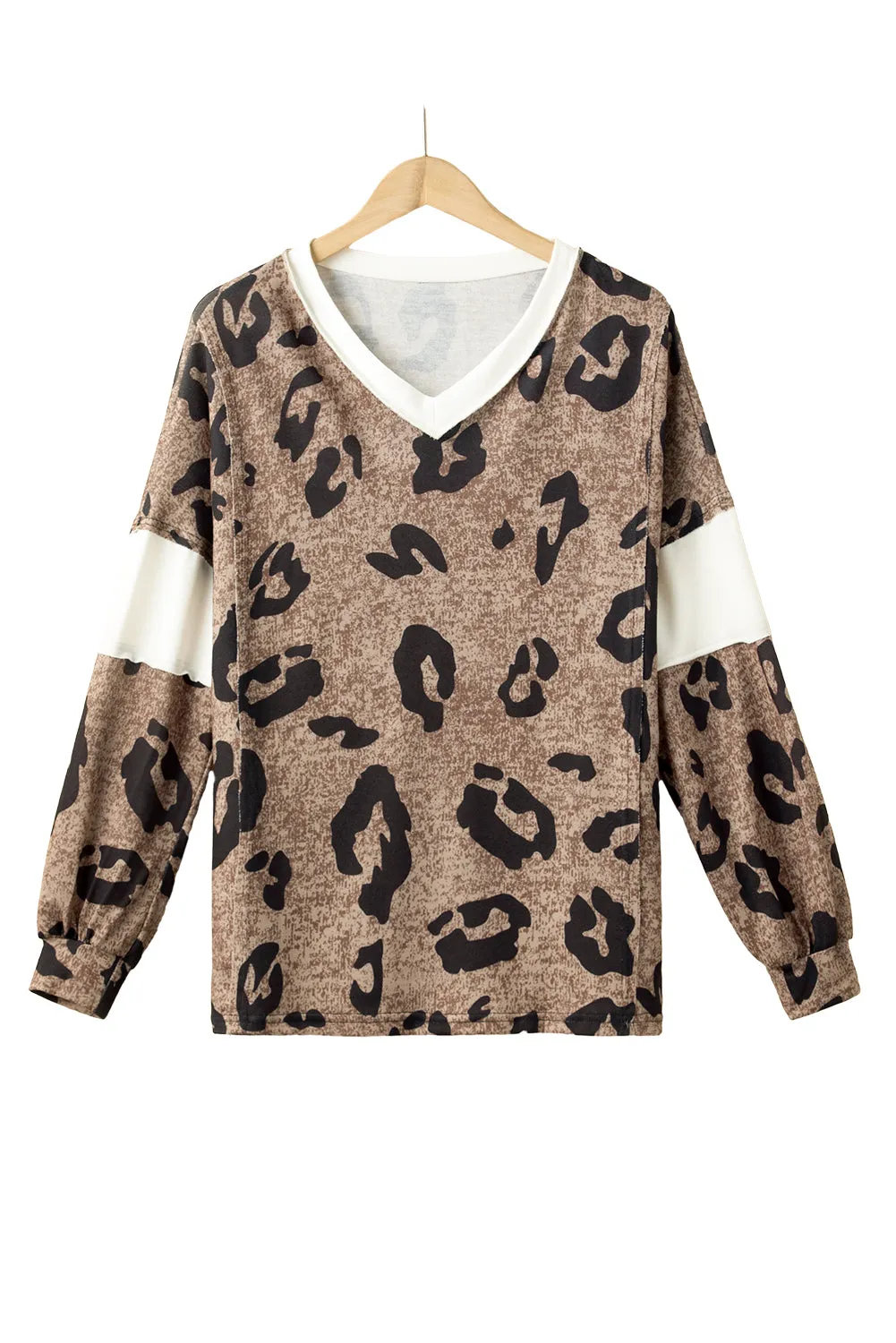 Multicolor Contrast V Neck Drop Shoulder Leopard Top