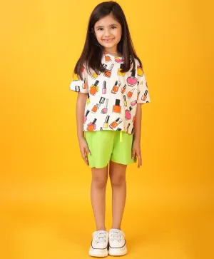 NAIL PAINT LIME GREEN TEXTURE GIRLS SHORTS SET - WHITE/LIME
