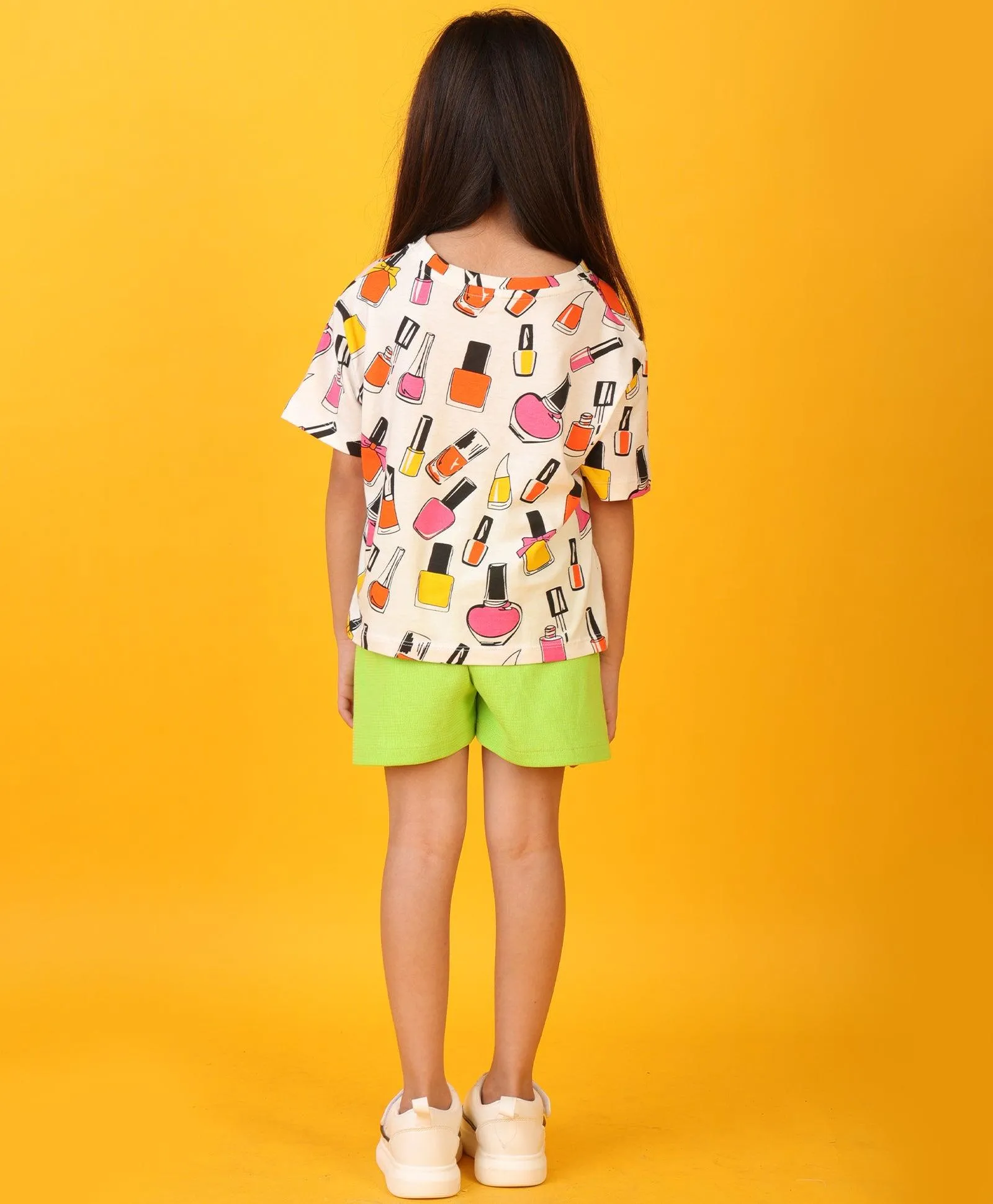 NAIL PAINT LIME GREEN TEXTURE GIRLS SHORTS SET - WHITE/LIME
