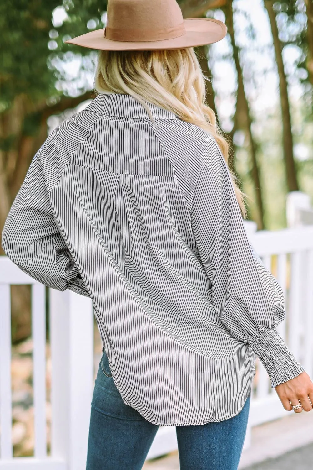 Natalie Smocked Cuffed Striped Boyfriend Shirt with Pocket