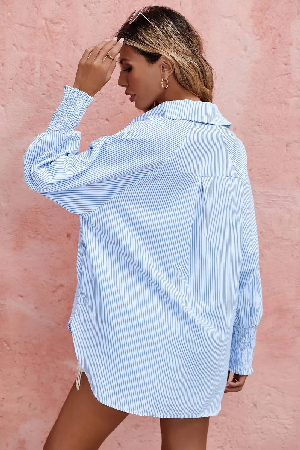 Natalie Smocked Cuffed Striped Boyfriend Shirt with Pocket