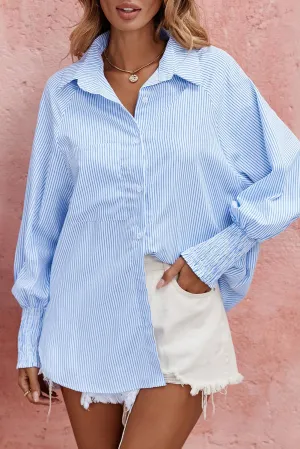Natalie Smocked Cuffed Striped Boyfriend Shirt with Pocket