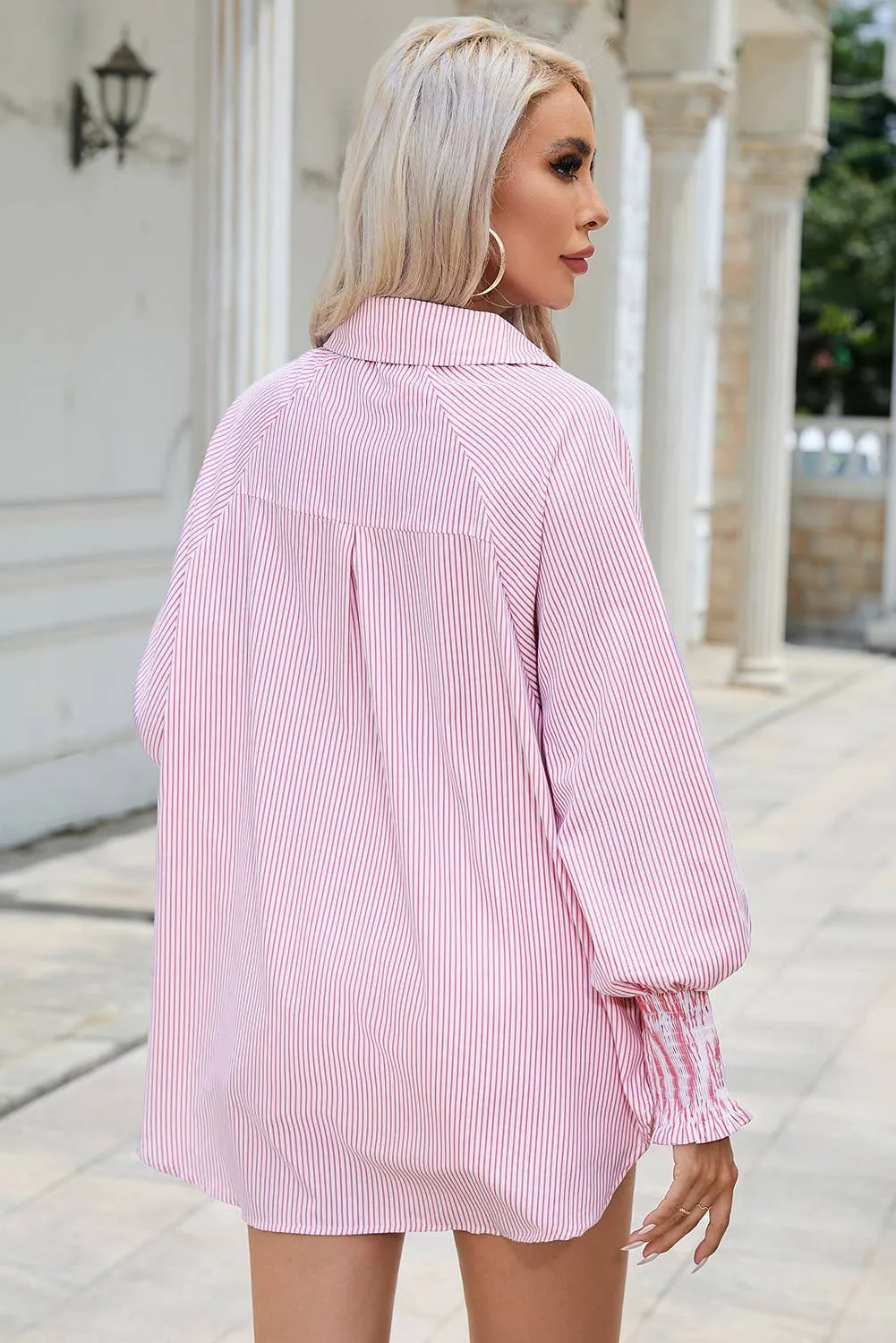 Natalie Smocked Cuffed Striped Boyfriend Shirt with Pocket