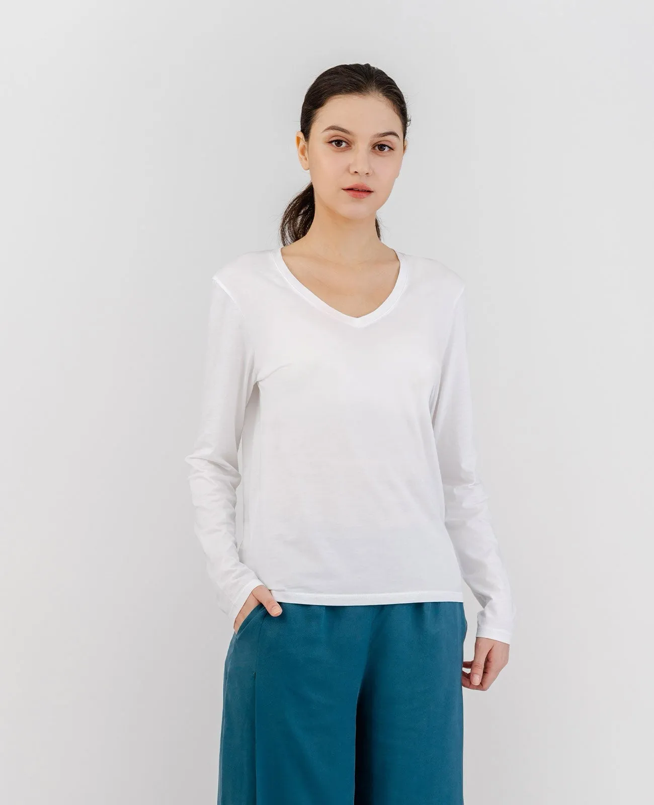 Organic Pima Cotton Long Sleeve V Neck Tee