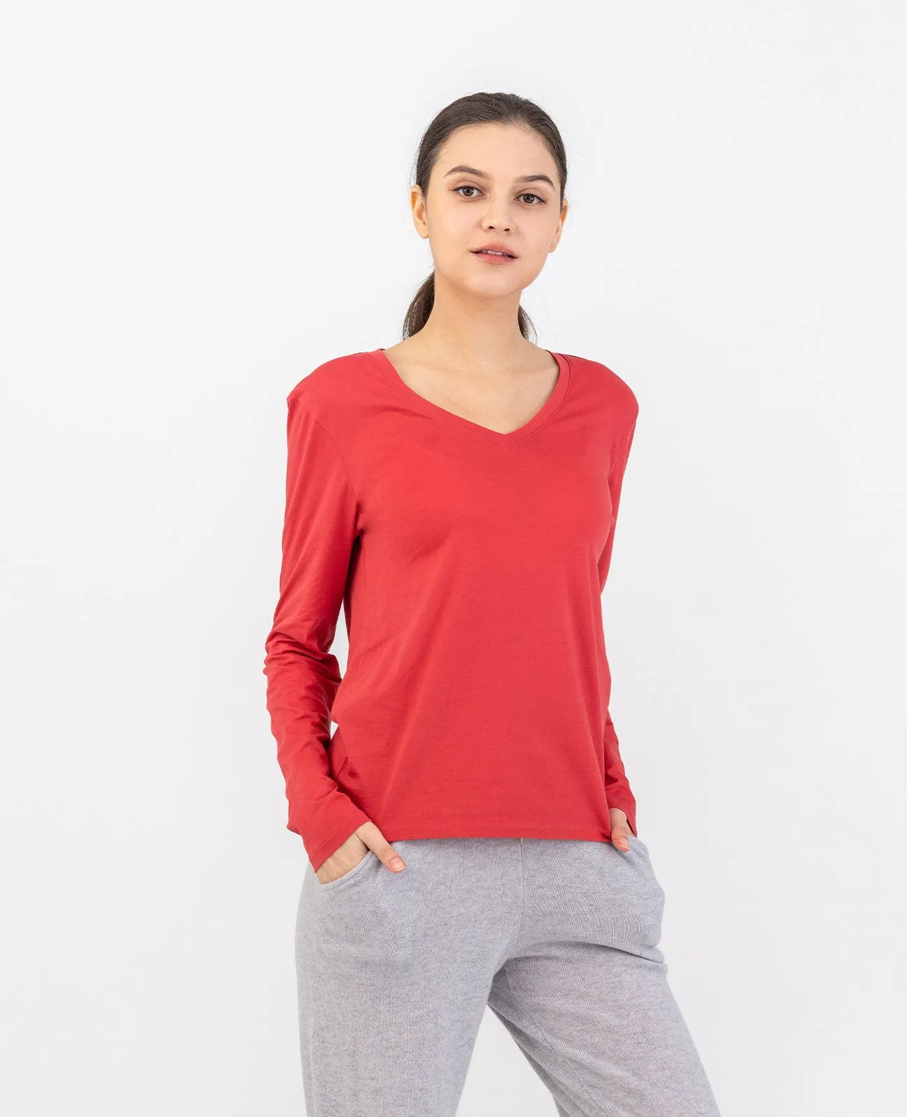 Organic Pima Cotton Long Sleeve V Neck Tee