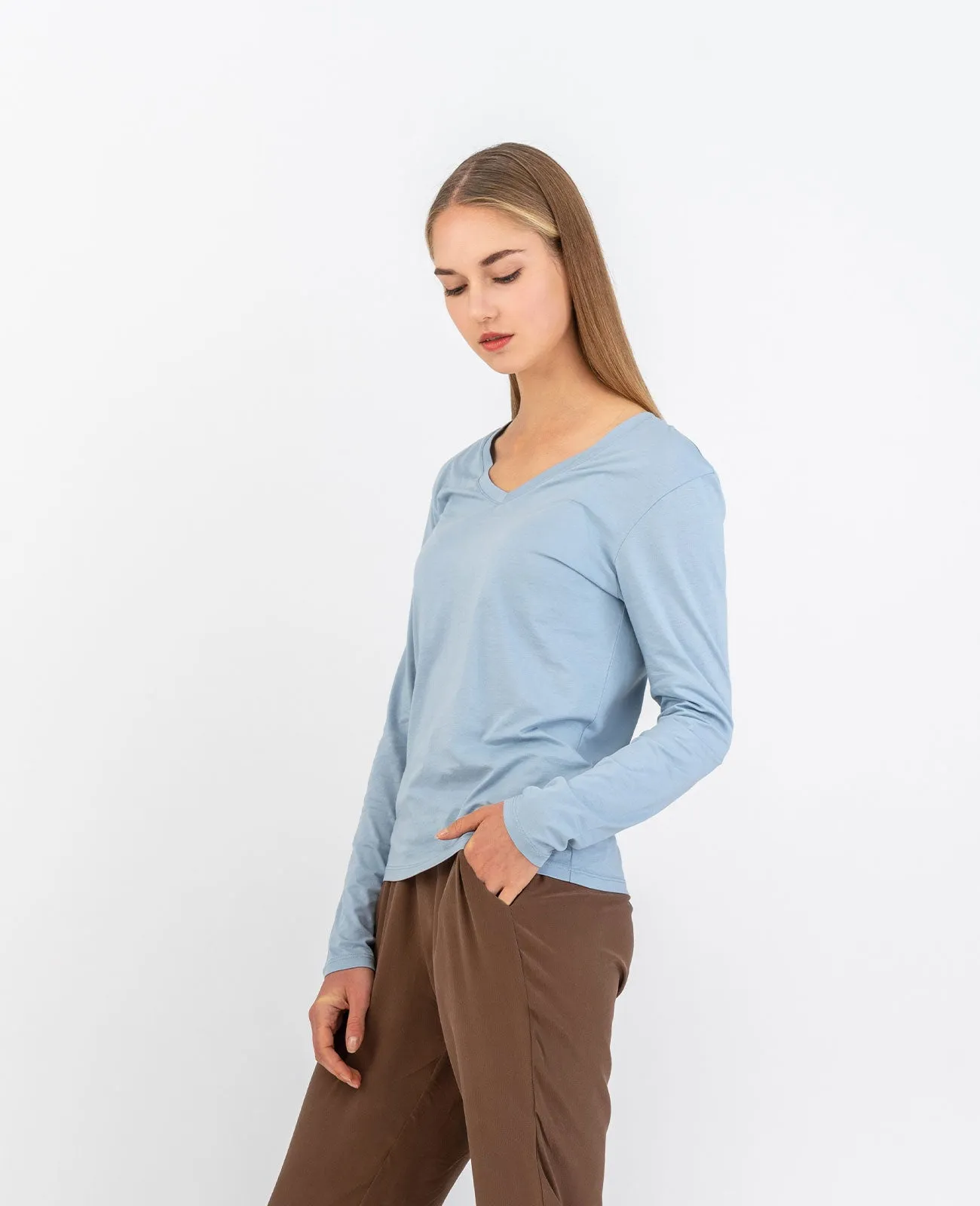 Organic Pima Cotton Long Sleeve V Neck Tee
