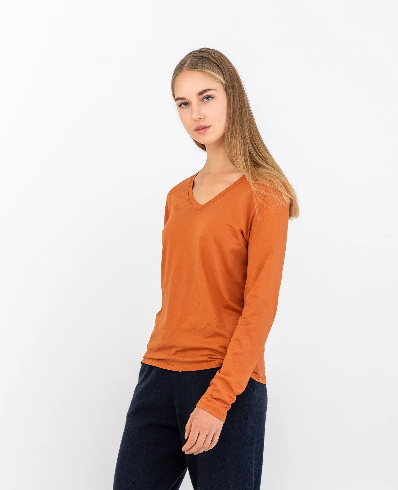 Organic Pima Cotton Long Sleeve V Neck Tee