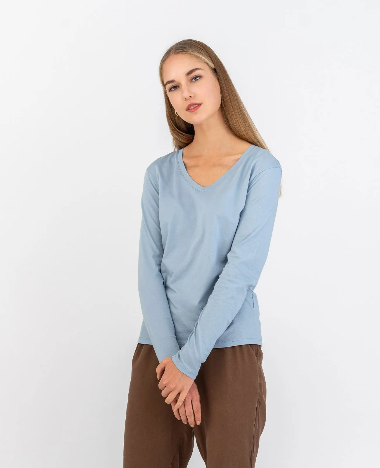 Organic Pima Cotton Long Sleeve V Neck Tee
