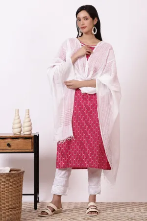 Pink Geometric Printed Pure Cotton Straight Kurta, Leggings and Dupatta Set