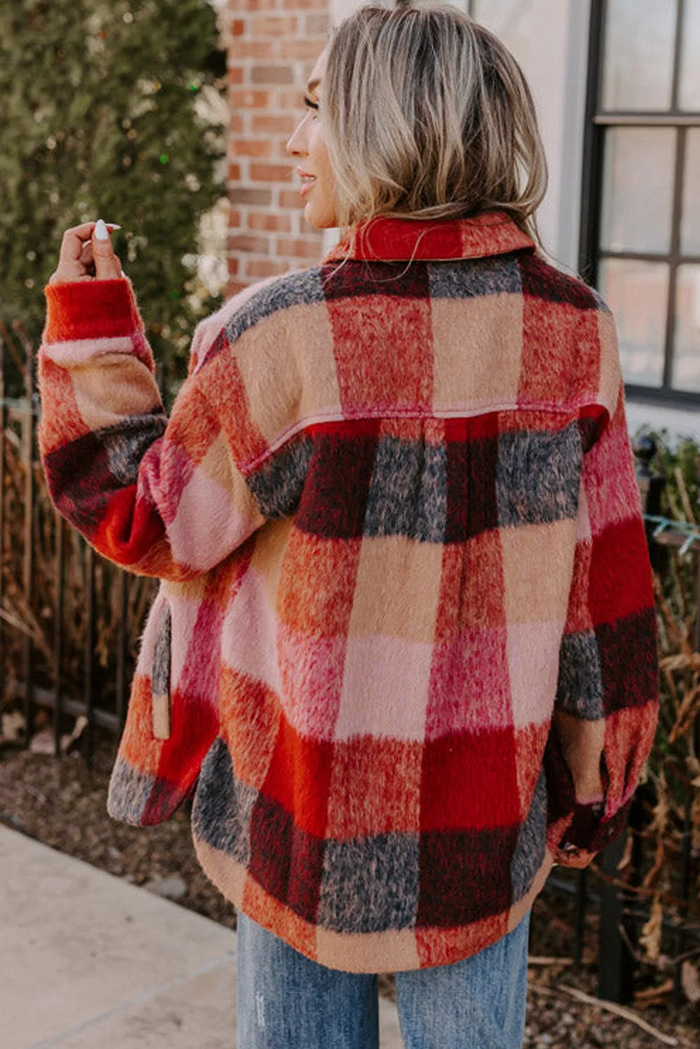 Plaid Printed Flap Pockets Plus Size Jacket