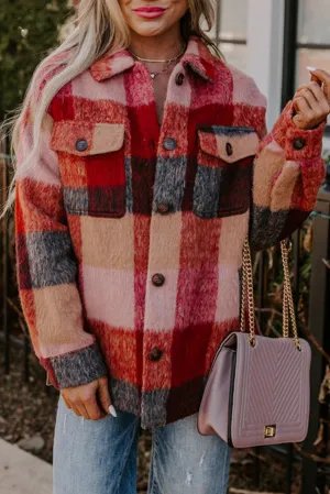 Plaid Printed Flap Pockets Plus Size Jacket
