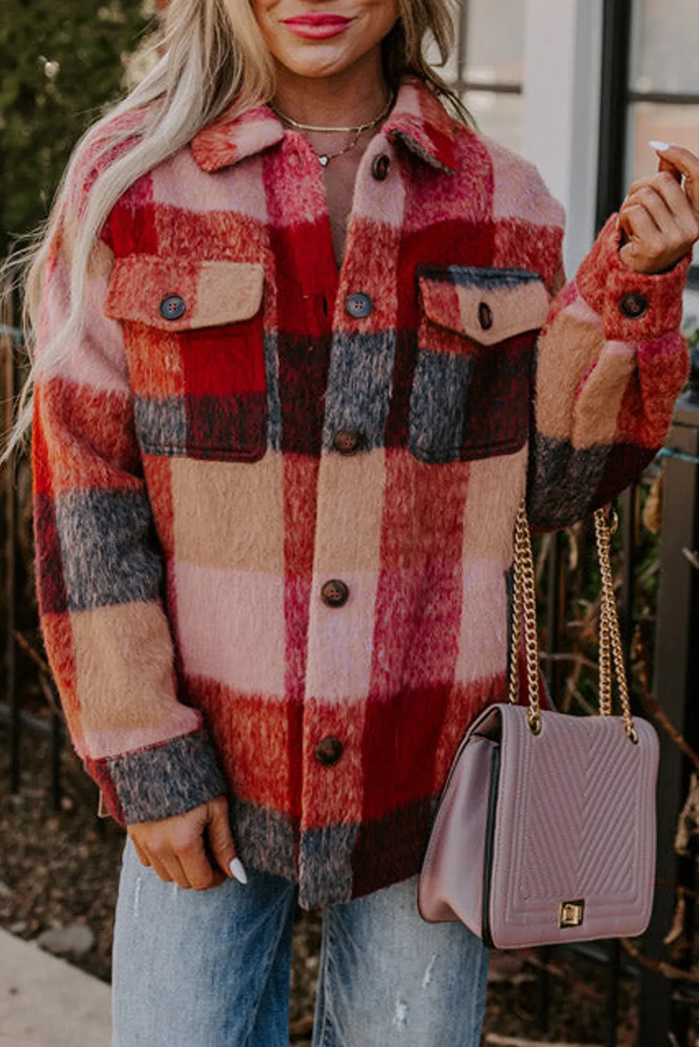 Plaid Printed Flap Pockets Plus Size Jacket