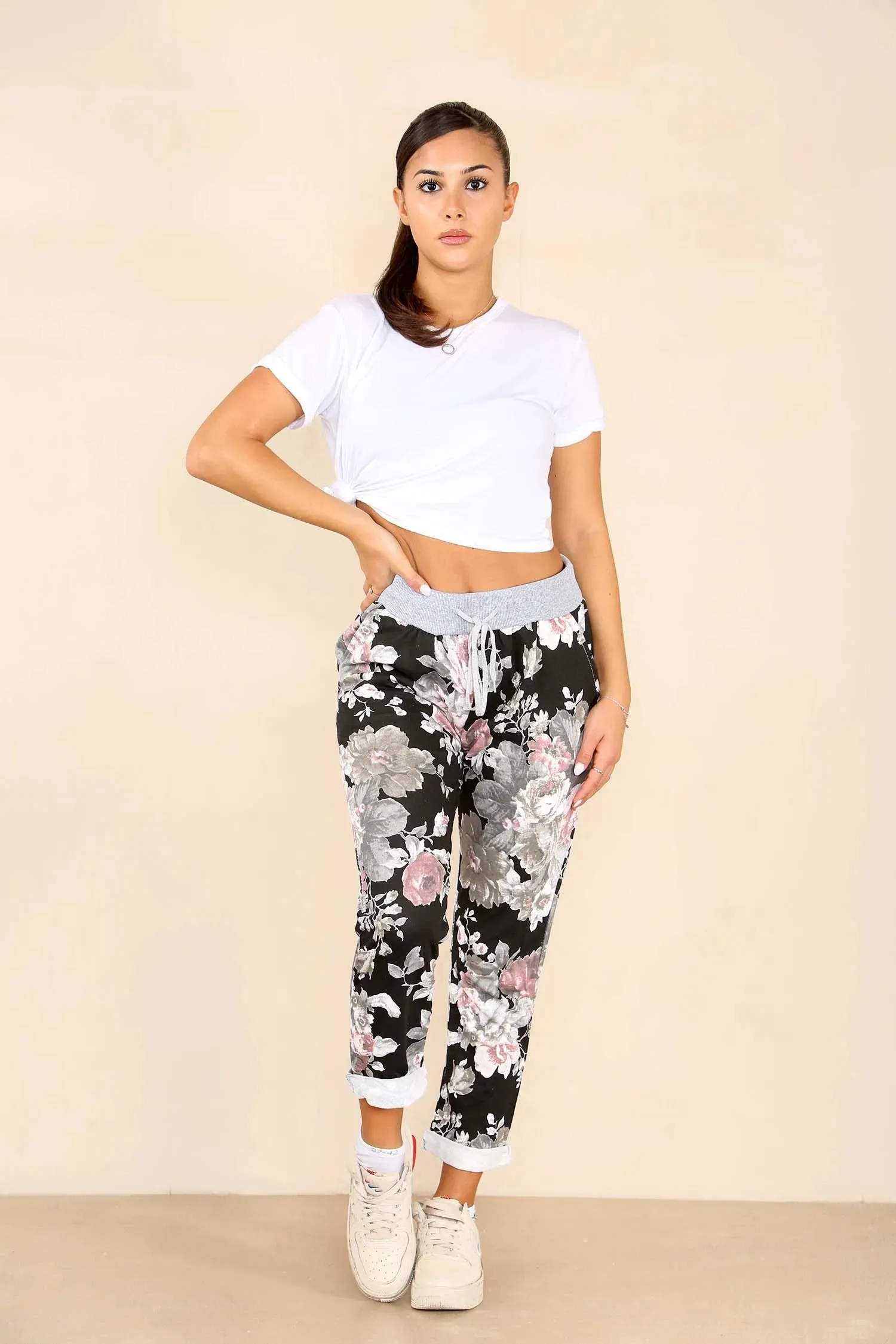 Plus Size Italian Floral Print Drawstring Cotton Joggers - Black & Blue