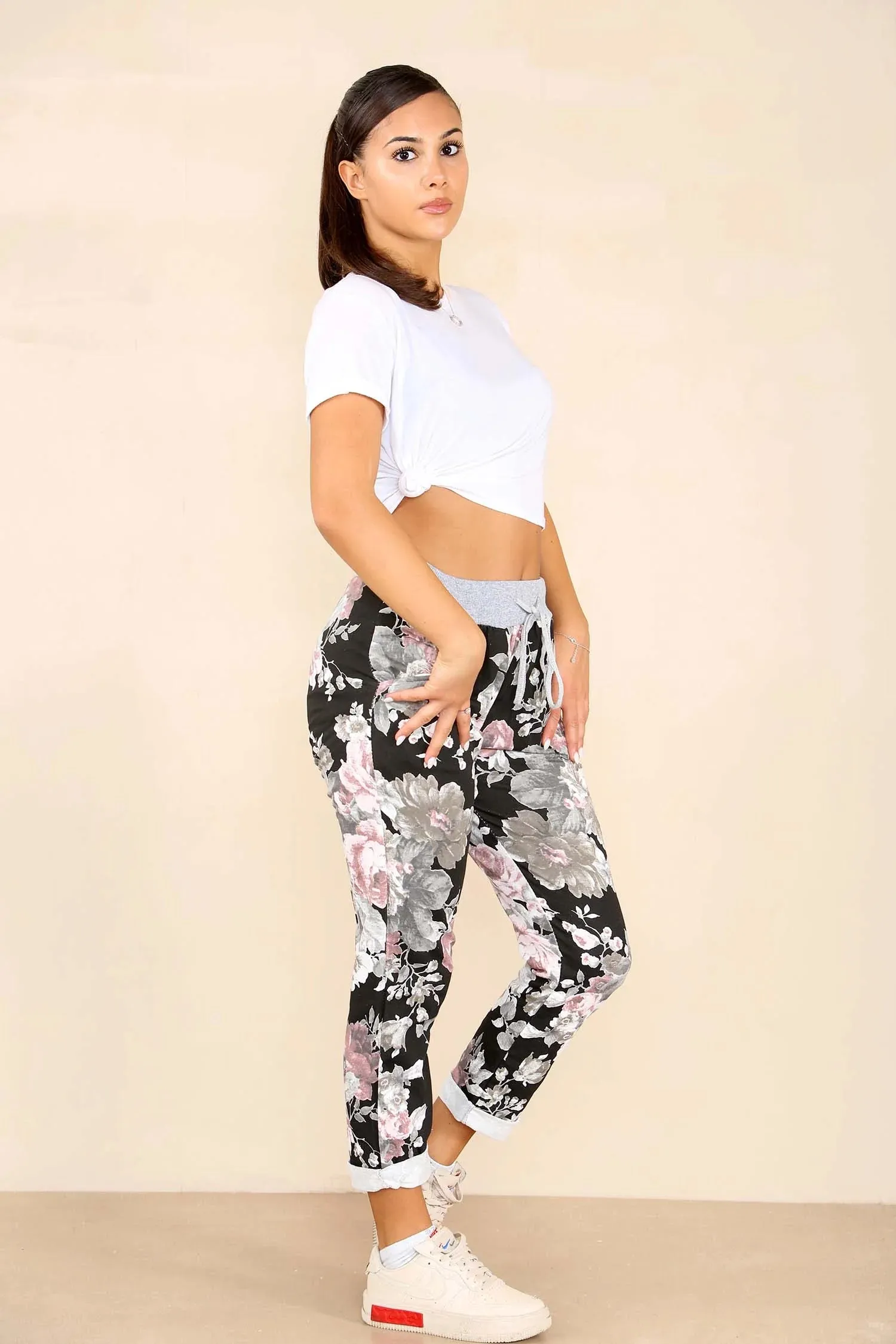Plus Size Italian Floral Print Drawstring Cotton Joggers - Black & Blue