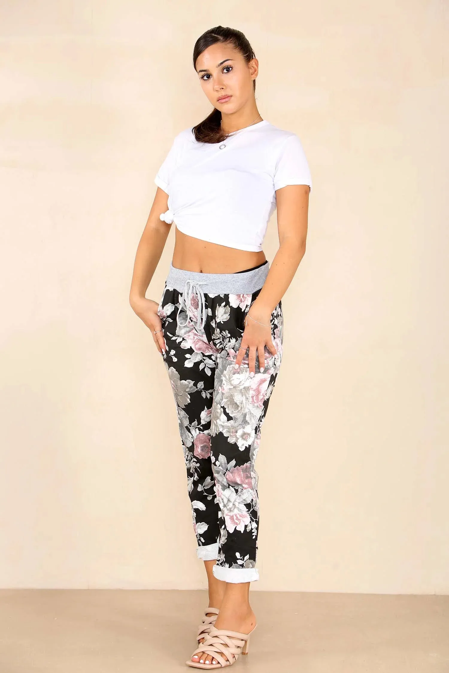 Plus Size Italian Floral Print Drawstring Cotton Joggers - Black & Blue