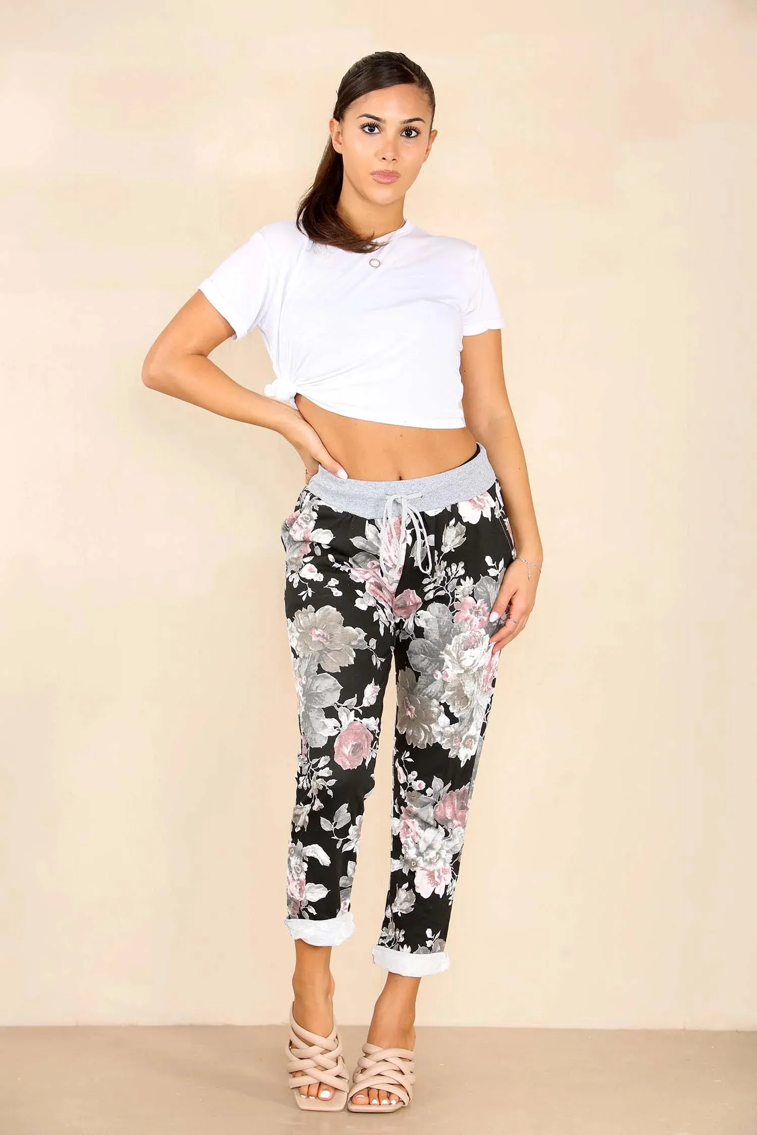 Plus Size Italian Floral Print Drawstring Cotton Joggers - Black & Blue