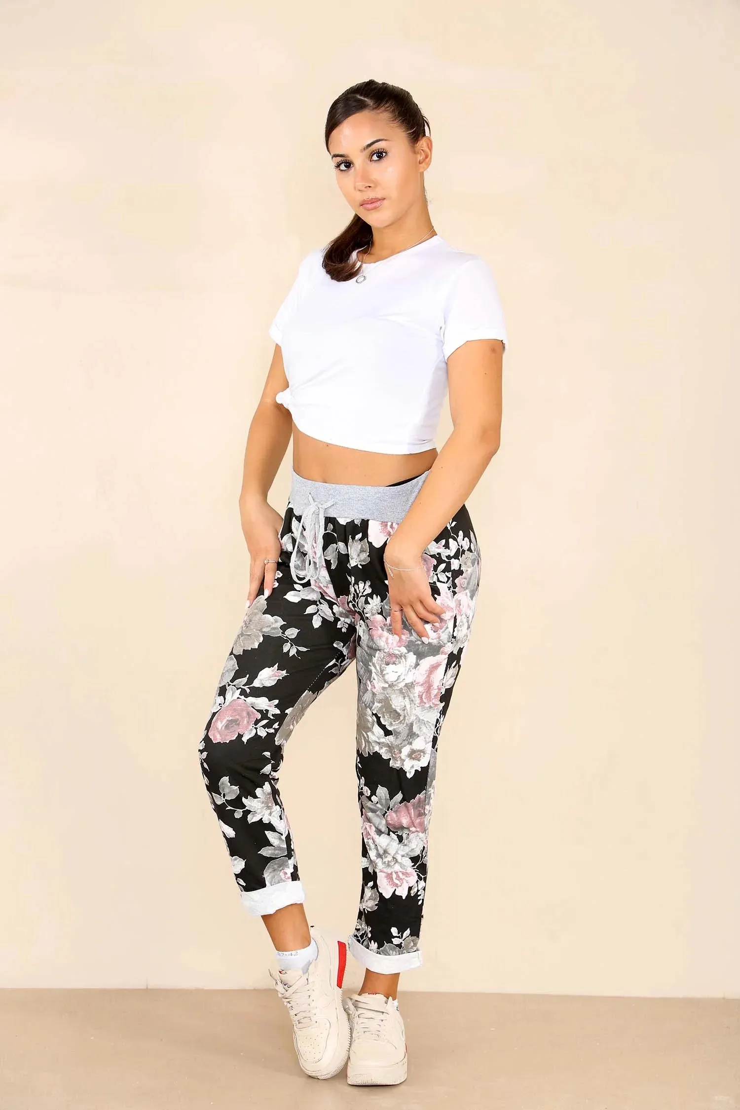 Plus Size Italian Floral Print Drawstring Cotton Joggers - Black & Blue