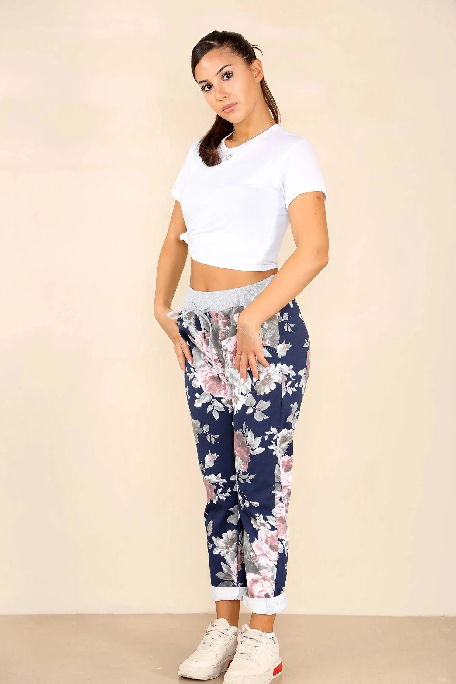 Plus Size Italian Floral Print Drawstring Cotton Joggers - Black & Blue