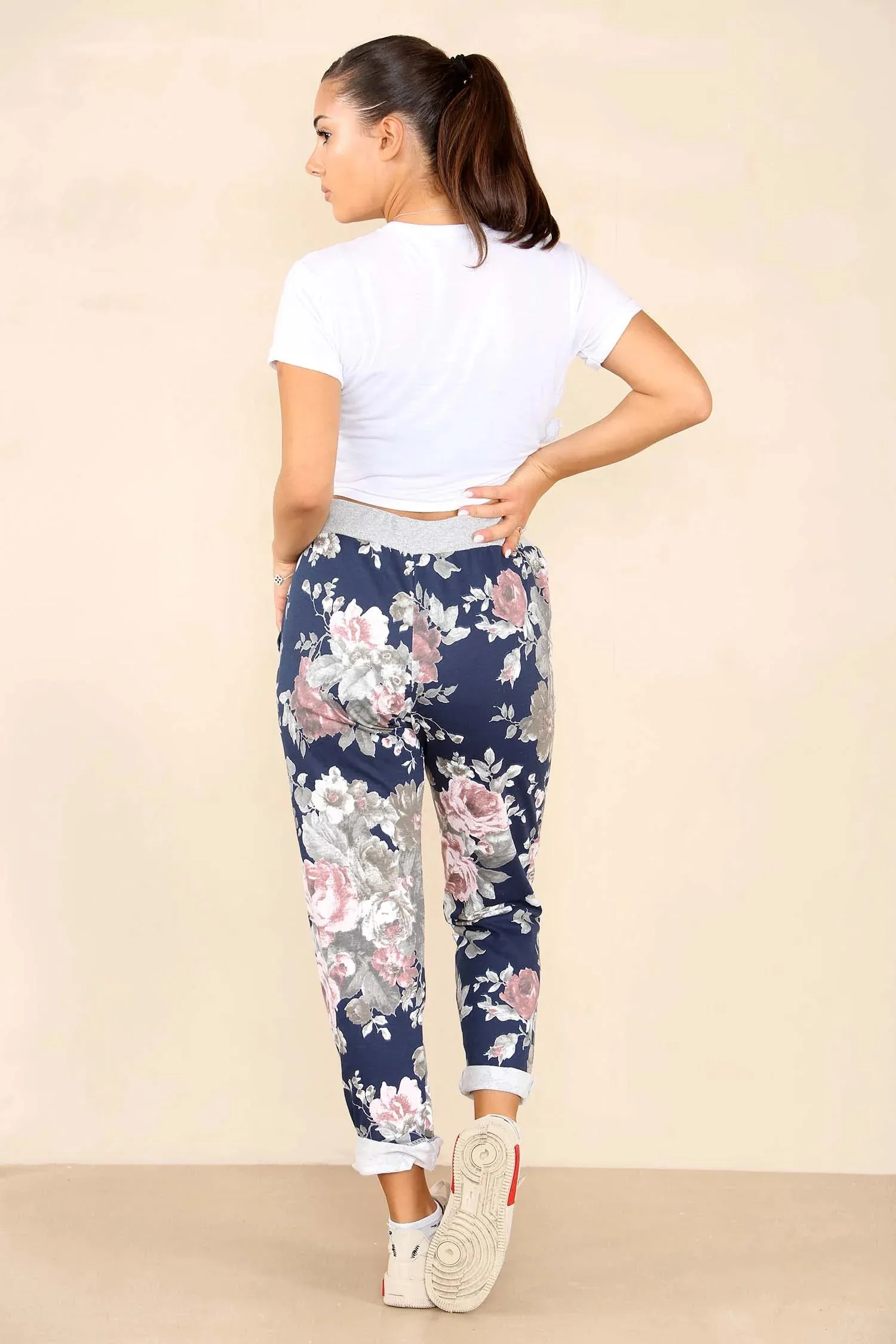 Plus Size Italian Floral Print Drawstring Cotton Joggers - Black & Blue