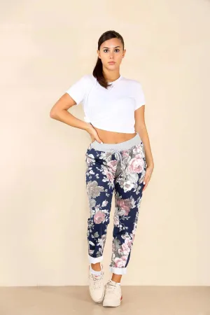 Plus Size Italian Floral Print Drawstring Cotton Joggers - Black & Blue