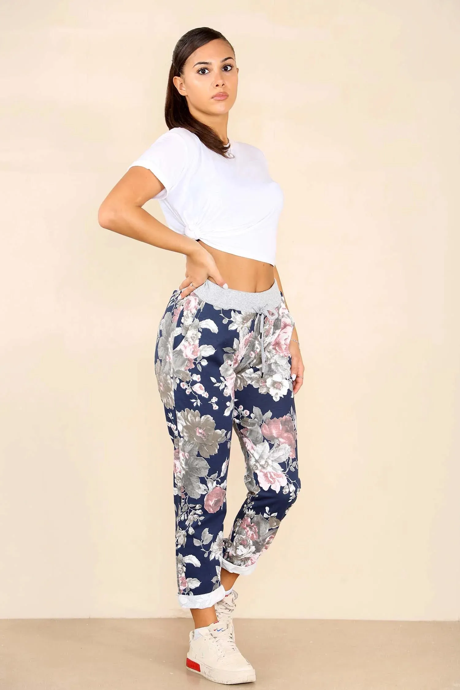 Plus Size Italian Floral Print Drawstring Cotton Joggers - Black & Blue