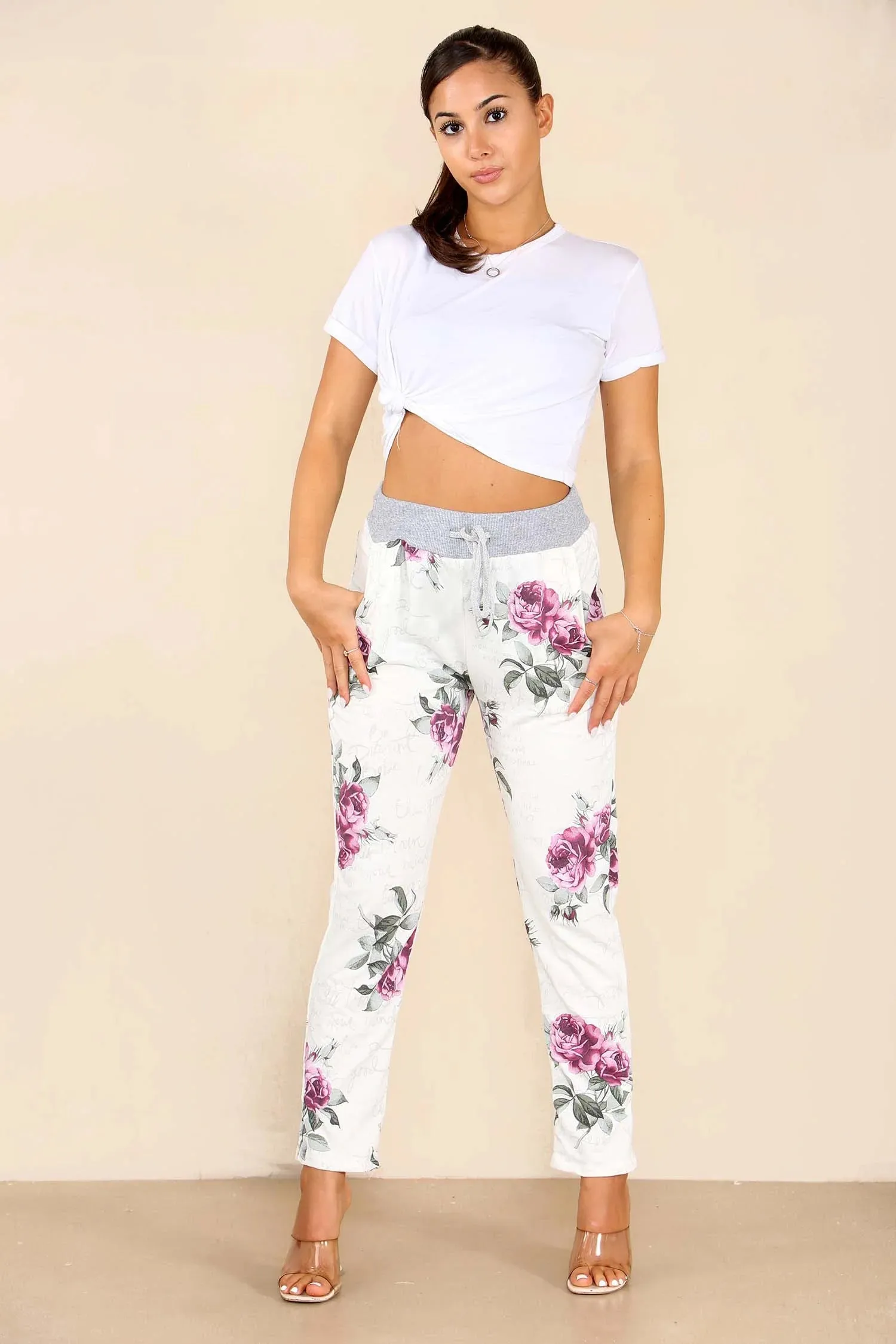 Plus Size Italian Floral Print Drawstring Cotton Joggers - Pink & Blue