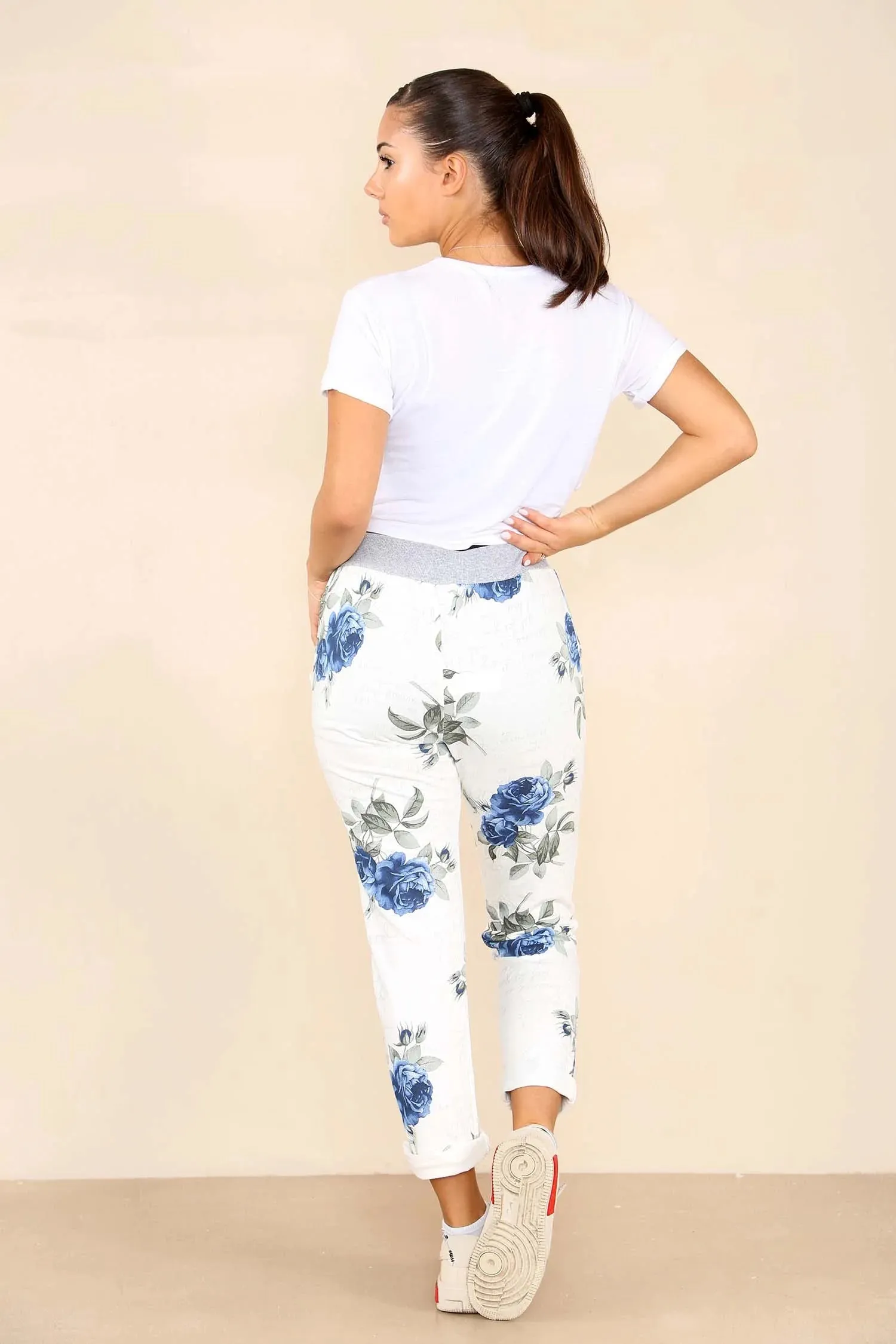Plus Size Italian Floral Print Drawstring Cotton Joggers - Pink & Blue