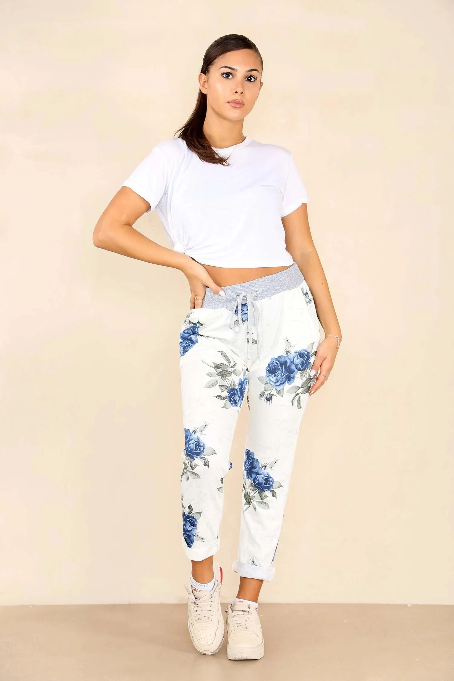 Plus Size Italian Floral Print Drawstring Cotton Joggers - Pink & Blue