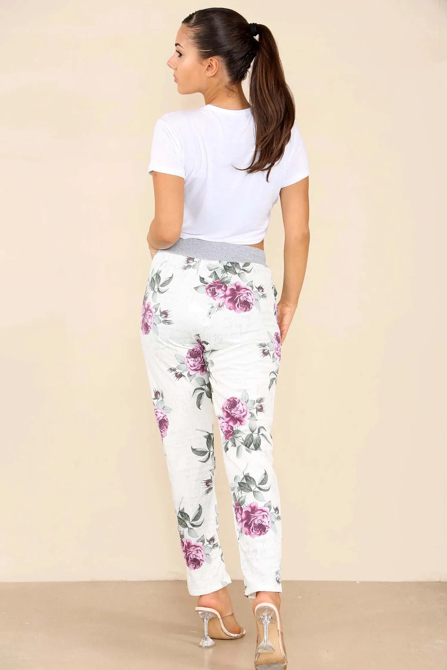 Plus Size Italian Floral Print Drawstring Cotton Joggers - Pink & Blue