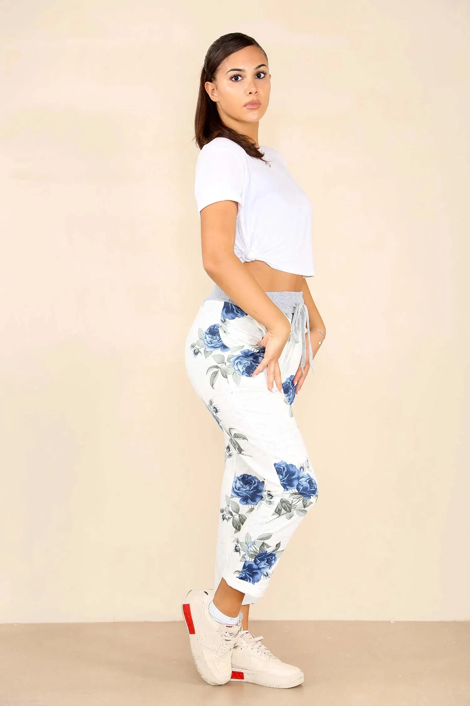 Plus Size Italian Floral Print Drawstring Cotton Joggers - Pink & Blue