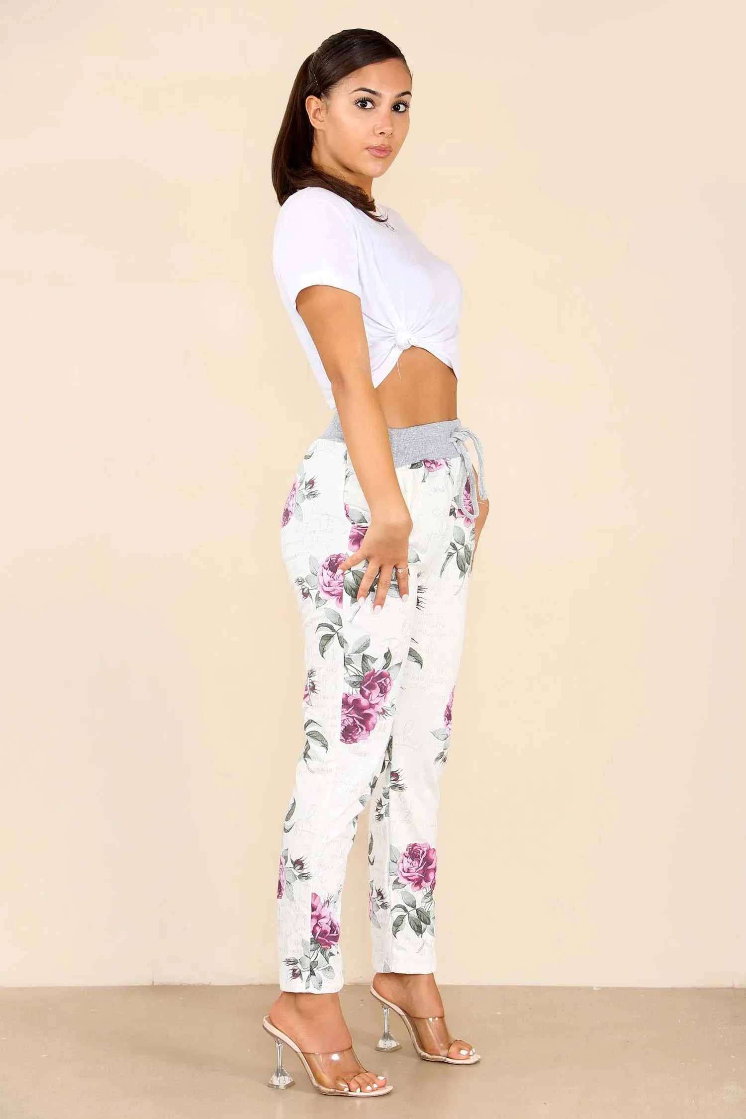 Plus Size Italian Floral Print Drawstring Cotton Joggers - Pink & Blue