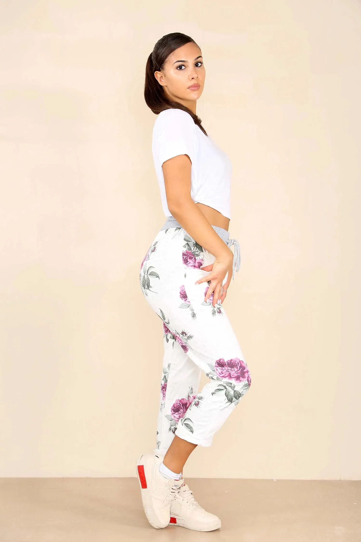 Plus Size Italian Floral Print Drawstring Cotton Joggers - Pink & Blue