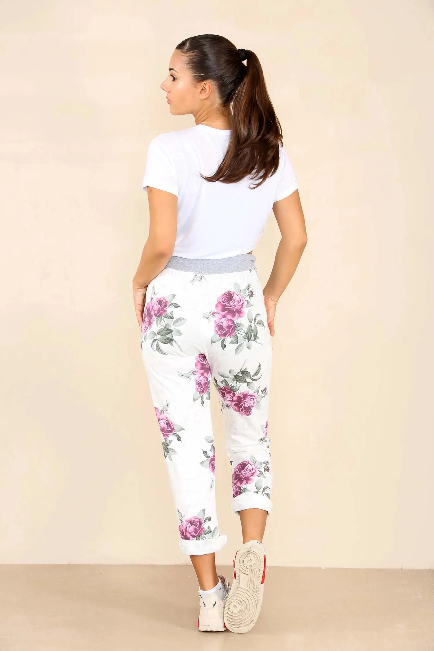 Plus Size Italian Floral Print Drawstring Cotton Joggers - Pink & Blue