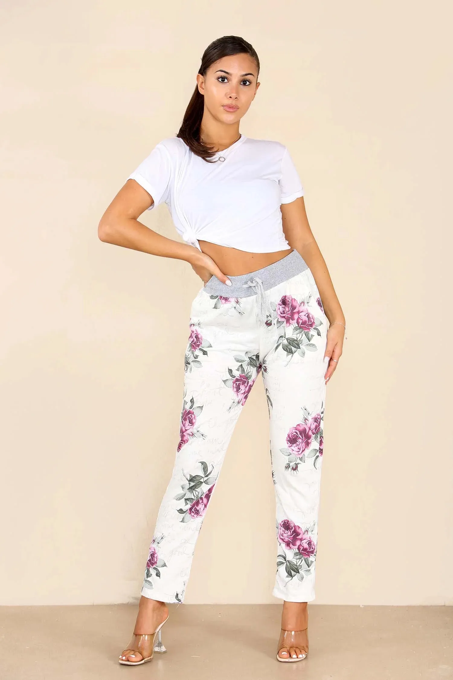 Plus Size Italian Floral Print Drawstring Cotton Joggers - Pink & Blue
