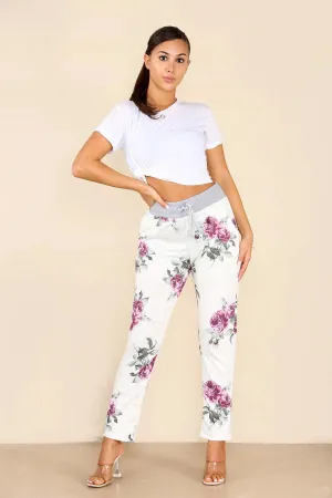 Plus Size Italian Floral Print Drawstring Cotton Joggers - Pink & Blue