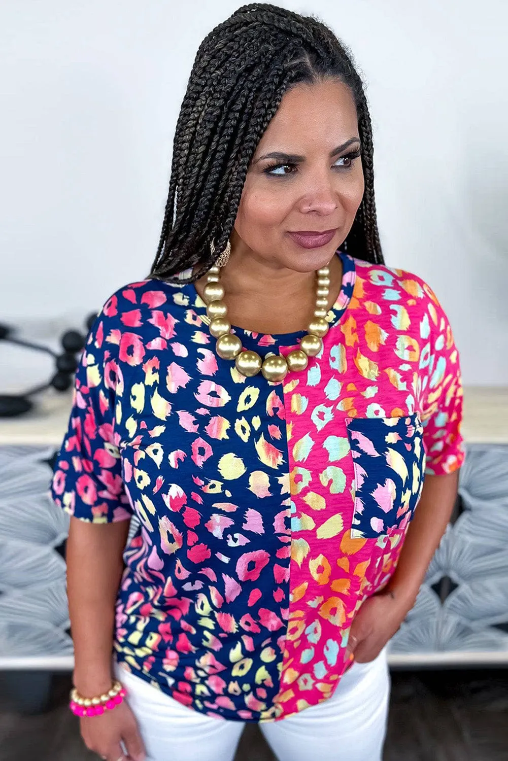 Plus Size Leopard Colorblock Short Sleeve Top