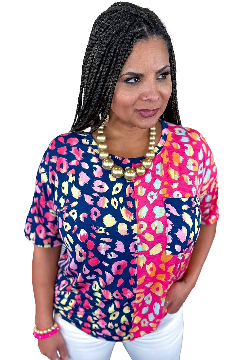 Plus Size Leopard Colorblock Short Sleeve Top