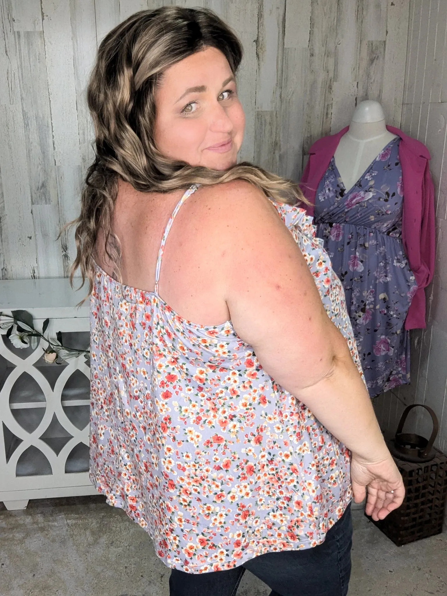 Roxy Flutter Neck Tank in Lavender Floral