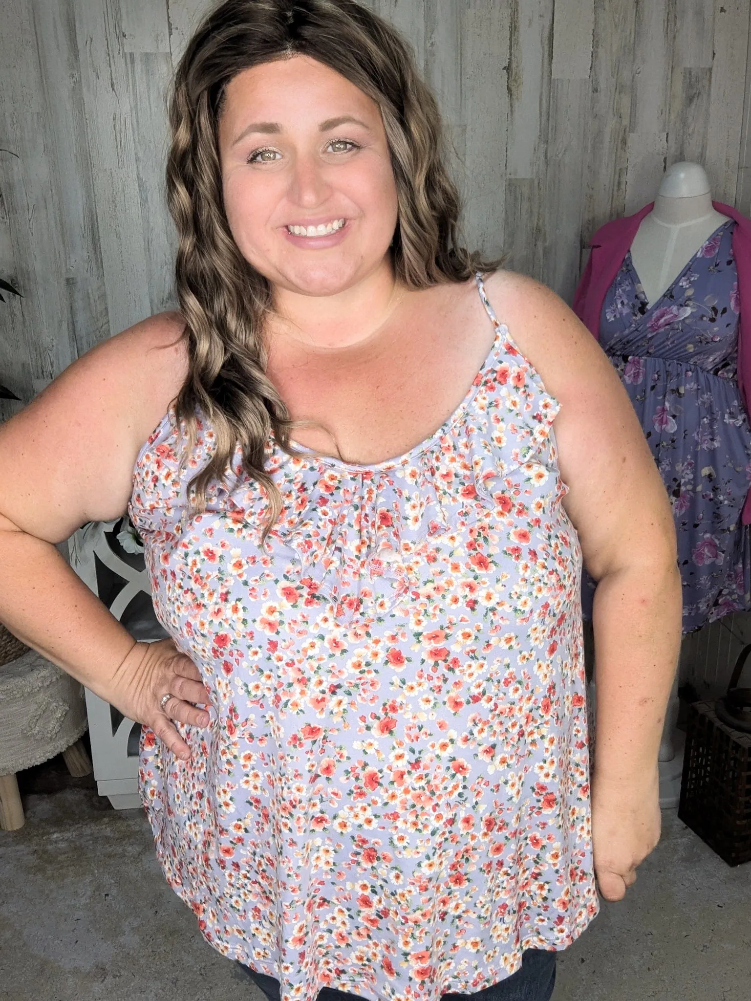 Roxy Flutter Neck Tank in Lavender Floral
