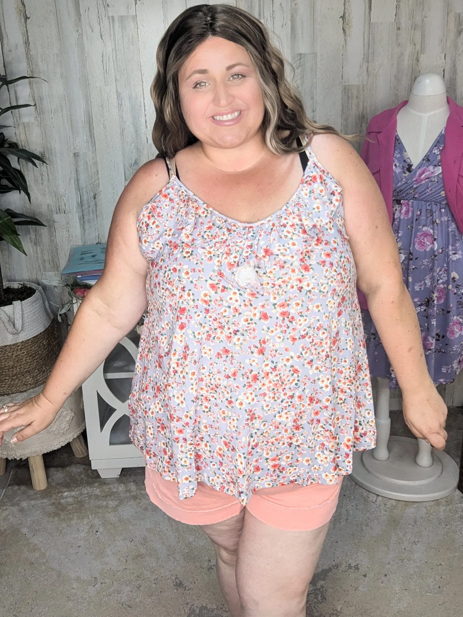 Roxy Flutter Neck Tank in Lavender Floral
