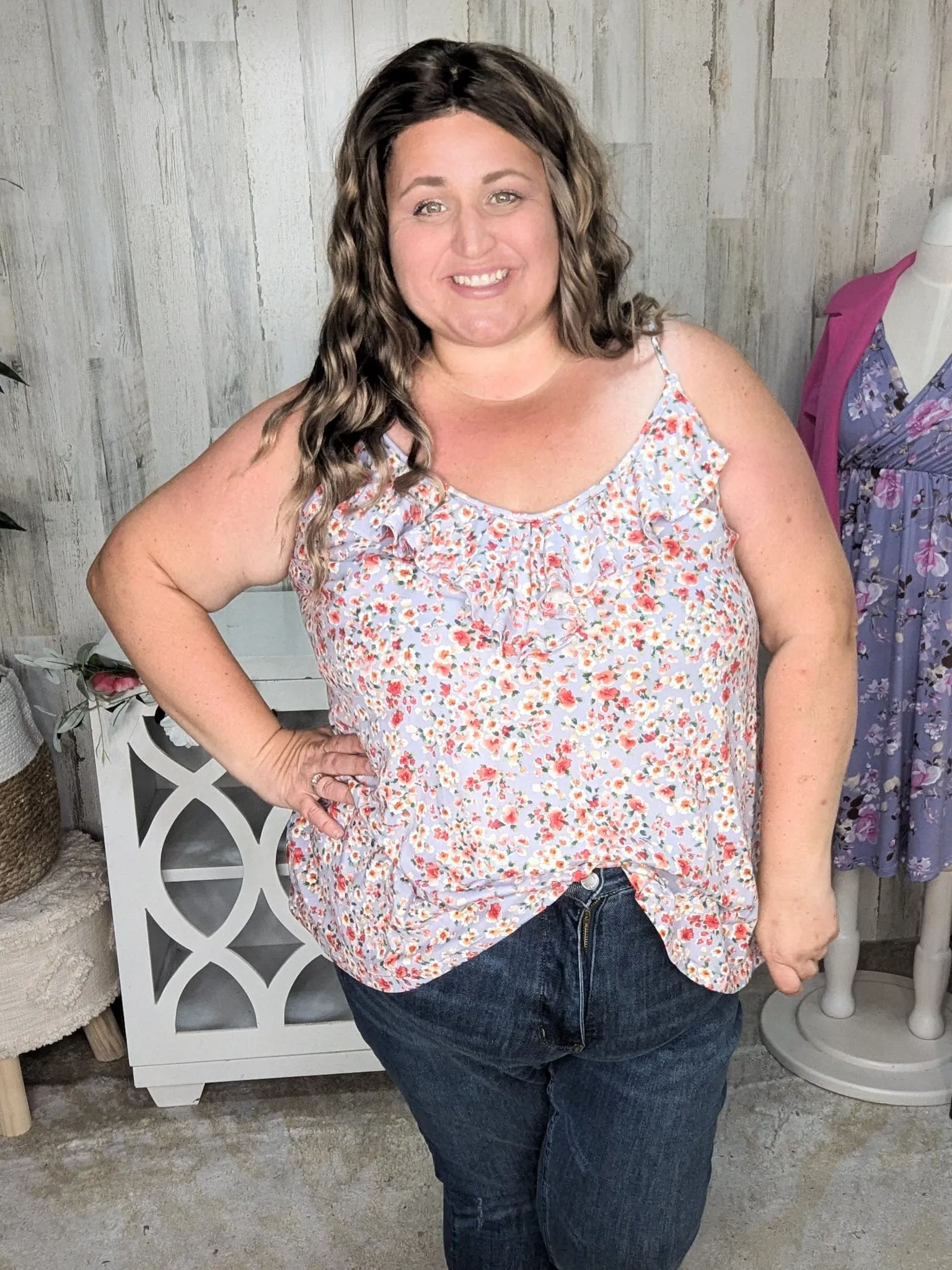 Roxy Flutter Neck Tank in Lavender Floral